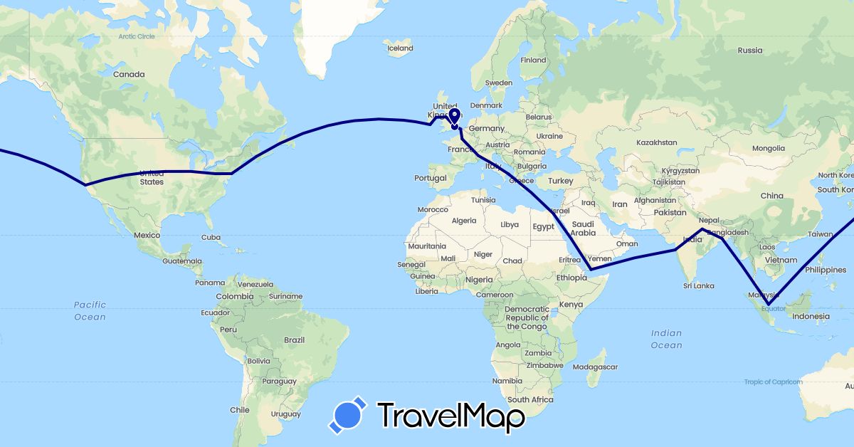 TravelMap itinerary: driving in Egypt, France, United Kingdom, Ireland, India, Italy, Singapore, United States, Yemen (Africa, Asia, Europe, North America)